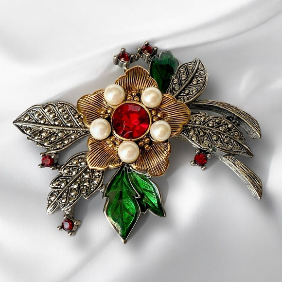 Stunning Avon Red Rhinestone Enamel Flower Brooch Marcasite Pearl Red Green Gold - Picture 1 of 6